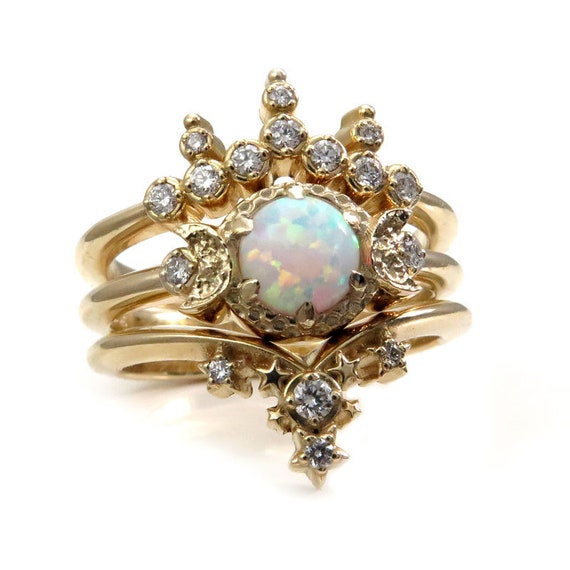 Triple Moon Engagement Ring Set - Lab Opal with Diamond Side Bands - Celestial Wedding Set