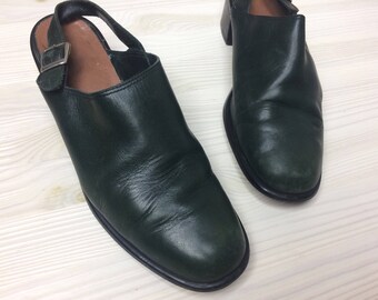 Deep Green Leather Slingback Block Heel Mules/ Size 6.5