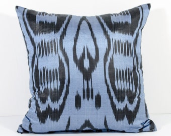 15x15 blue ikat pillow cover, blue pillows, blue cushion, blue ikat, black blue, accent pillow, Margilan ikat