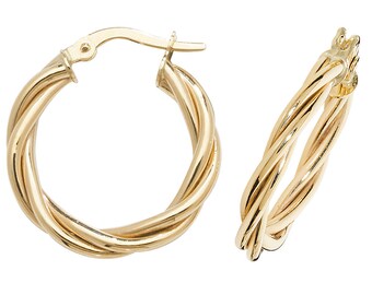 9ct Yellow Gold Twisted Rope Design Hoop Earrings 15mm 20mm 30mm