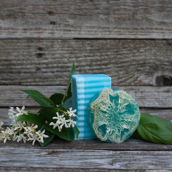 Wanderlust (Jasmine Frankencense Basil) Natural Loofah Exfoliating Glycerin Soap