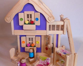Wooden Toy Peg Doll House, Natural Wood Toy Dollhouse Furniture, Kids Birthday Gift, Waldorf toy, Jacobs Wooden Toys 'LAVENDER DREAM'
