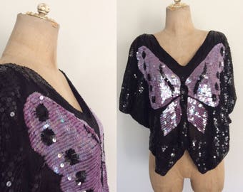 1970's Black & Purple Sequin Butterfly Top Small Medium Large by Maeberry Vintage