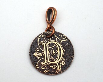 Small letter D pendant, round etched copper initial jewelry, optional necklace, 22mm