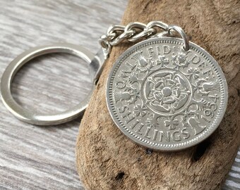 64th or 65th birthday gift, 1954, 1953 coin keyring, british coin keychain, 2 two shilling, UK retirement, anniversary present for him, man
