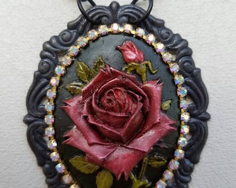 Rose Necklace, Flower Necklace, Cameo Necklace, Statement Necklace, Tassel Necklace, Black Necklace, OOAK Necklace, Hand Painted