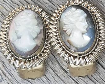 Vintage Mother Of Pearl Cameo Clip On Earrings, Carved Shell Cameo , Gifts For Her