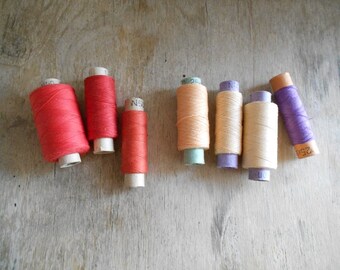 Vintage Sewing Thread Spools / Set of 7 / Shades of Red and Peach / Soviet Union Cotton Threads