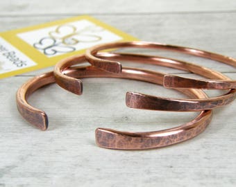 Copper Bracelet - Skinny Square Ends - Copper Wire Bangle - Hammered Copper Patina - Rustic BOHO - Mens or Womens - Made To Order