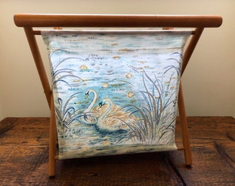 Vintage Folding Knitting Basket / Folding Fabric Basket / Swan Fabric Storage Basket / Collapsable Knitting Bag