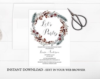 Winter Wreath Birthday Invitation Template | Printable Holiday Birthday Party Invite | Instant Download | Burgundy | Christmas | Greenery