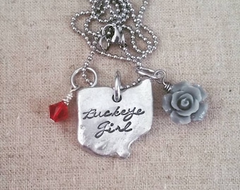 Hand Stamped Jewelry-Personalized necklace-Hand Stamped Ohio Necklace-Home Ohio Necklace-State of Ohio-Ohio Shaped Disc-Ohio Pewter-Buckeye