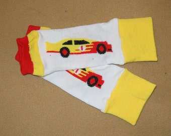 Leg warmer, Infant, Newborn, Toddler- Race Car on white/yellow -infant leg warmer, newborn leg warmer, baby girl leg warmer, baby leg warmer