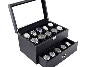 Personalized Carbon Fiber Design Watch Box - Holds 20, Watch Case, Watch Organizer, Engraved, Monogram, Custom Designs