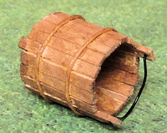 Medieval wooden pail or bucket, tiny legs, wire handle, aged wood, staves bound with cord. 1 to 12 scale miniature. Handmade USA.