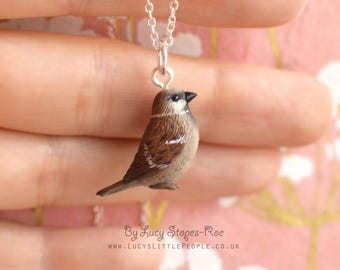 Tiny Hand-Sculpted Sparrow Pendant with Chain