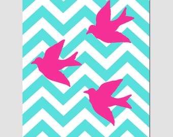 Chevron Birds - 8x10 Chevron or Polka Dot Nursery Art Print - Kids Wall Art - CHOOSE YOUR COLORS