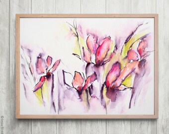 Spring Days, flower abstract print, landscape wall decor, bright painting, blue yellow art, abstract floral print, modern wall decor