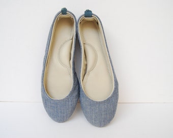 Ballerina leather and denim blue fabric flat shoes