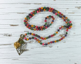 Charm necklace, long necklace, necklace, wooden beads, tassel necklace, colourful necklace, boho, shabby