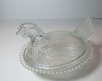 Vintage clear glass hen on nest candy dish