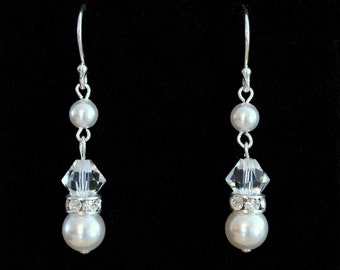 Pearl Earrings, Pearl Dangle Earrings, Sterling Silver Earrings, Swarovski Crystal Earrings, Wedding Earrings, Bridal Earrings, Birthday