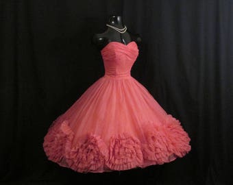 Vintage 1950's 50s Strapless Hot Pink Coral Ruched Chiffon Organza Rosettes Party Prom Wedding DRESS