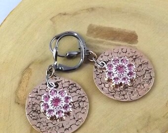 Rose Pink Copper Eclipse hand textured copper and Swarovski crystal gunmetal leverback earrings