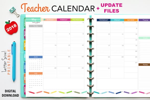 2018 Teacher Planner Calendar PDF Printable Pages Inserts