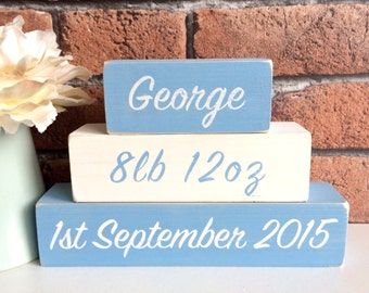 Personalised Hand Painted Wooden Newborn New Baby Boy Name Blocks Shelf Sitter