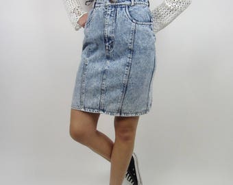 Vintage 80s 90s Acid Wash Denim Jeans Pencil High waisted detail skirt