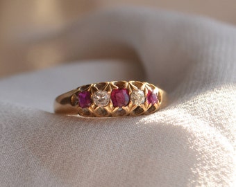 Gorgeous and regal vintage English-made 18K yellow gold 5-across natural Ruby and old mine cut Diamond ring