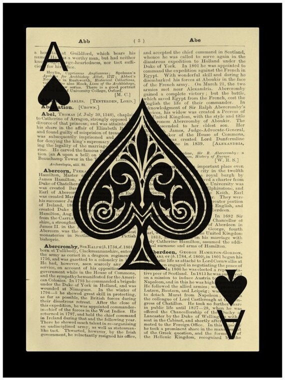 Ace of Spades Playing Card Dictionary Print Book Page Art