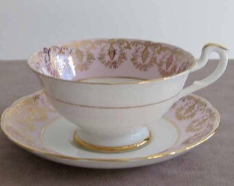 Pink and Gold Gilt Teacup and Saucer by English Maker Salisbury Bone China 1950's