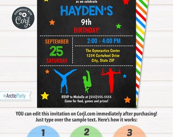 Gymnastics Invitations - Boys Gymnastics Birthday Invitations - Men's Gymnastics Invitation - Gymnastics Party - Edit NOW using Corjl