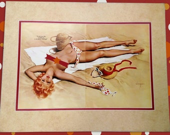 Vargas Bikini Beach Pin-Up Girl 1960's - Authentic Vintage Matted Color Illustration