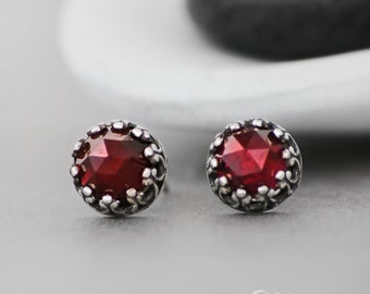 Garnet Stud Earrings - Sterling Silver Garnet Earrings - Rose Cut Garnet - Garnet Post Earrings - January Birthstone Earrings - Gift For Her