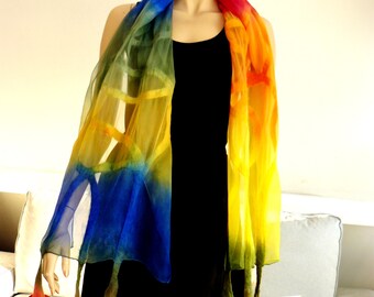 Nuno Felted Shawl, Silk wool scarf - hand-felted and hand painted scarf, felted flowers, colorful scarf
