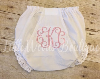 Monogrammed Eyelet Diaper Cover - White Bloomers - Baby Girl Bloomers - Diaper Cover - Vine Monogram