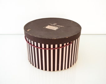 hat box, paper hat box, hat storage box, vintage pink and eggplant striped hat box, Hudson's department store, Detroit