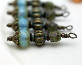 Blue Picasso Firepolished Czech, Brass Patina Melon Beads and Czech Bead Dangle, Earring Dangle Charm Drop Set