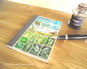 Upcycled Bullet Journal, Pocket Bujo Notebook | Boho Eco Postage Stamp Art Collage | Bohemian stationery gift, Blue Green Summer landscape