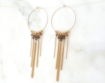 Smokey Quartz and Gold Fringe Hoops
