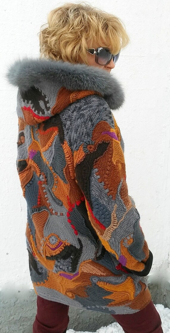 Crocheted coat for winter with hood knitted cardigan with