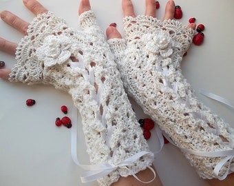 Crocheted Cotton Gloves L Ready To Ship Victorian Fingerless Summer Women Wedding Lace Evening Bridal Knitted Party Opera Ivory Corset B82