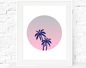 A4 Palm Trees on Sunset Circle Art Print
