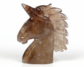 4.21"Natural Smoky Quartz Crystal Hand Carved Unicorn ,Crystal Unicorn,Crystal Unicorn Head, Reiki Chakras H010