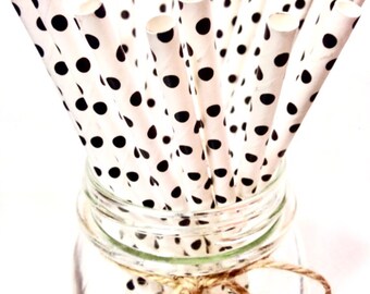 25 Black Polka Dot paper straws // baby bridal shower decorations /candy dessert buffet table / wedding / First birthday/new year party