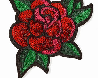 4" Sequins Red Floral Iron-On Applique, Sequin Patch by 1 pc, TR-11311