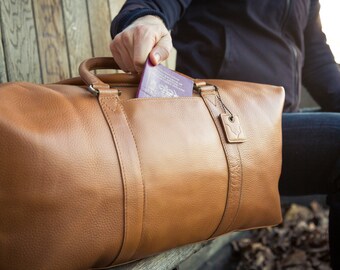 Caramel Tan (Side Pocket Model) - Real Leather Duffle / Duffel Bag by Fox Archer - Leather Duffle Weekend Holdall Travel Gym Bag